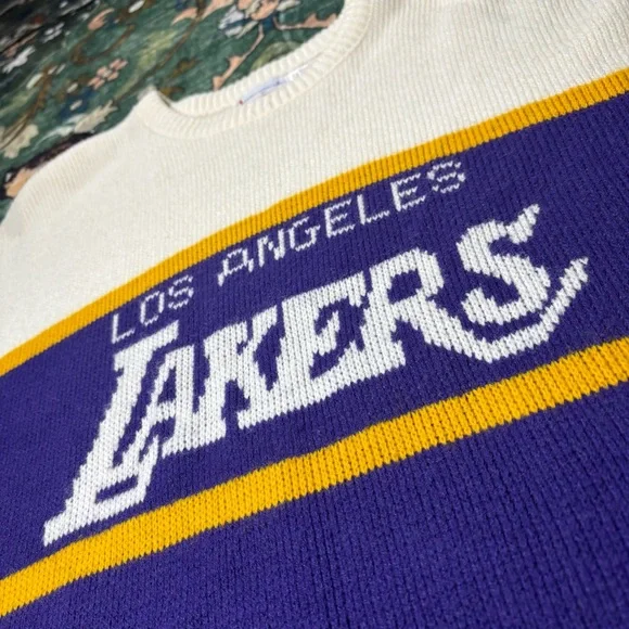Vintage 80s Cliff Engle Los Angeles Lakers NBA Knit Sweater USA Made Purple L - Picture 3 of 6